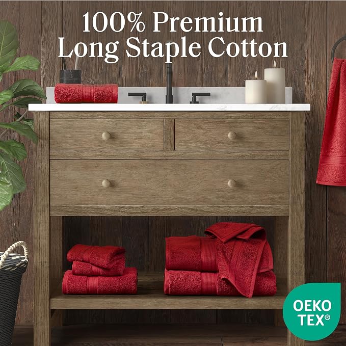 Madison Park 800GSM 100% Cotton Bathroom Bath Towel Set of 8, Bright Red | Long Staple, Highly Absorbent, Durable Hotel Spa Quality, Quick Dry, Double Stitched Hems, Lint Reducing, OEKO-TEX Certified