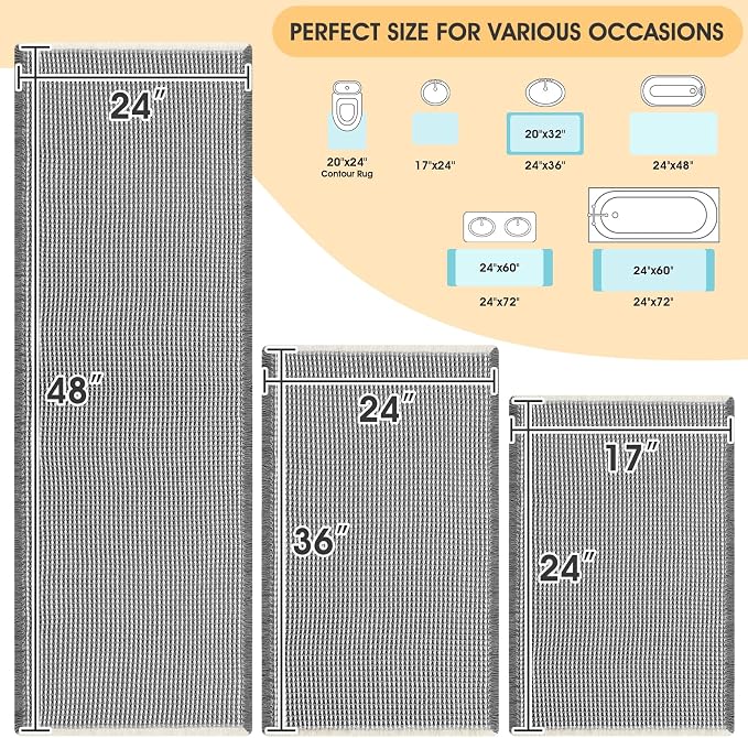 Waffle Bath Mat Set 3 Piece Darkgrey & Cream,Woven Modern Bath Rug Mats, Absorbent Non Slip Bath Floor Mat, Soft Washable Boho Bath Rugs with Tassels for Bathroom, Bedroom, Kitchen, Tub