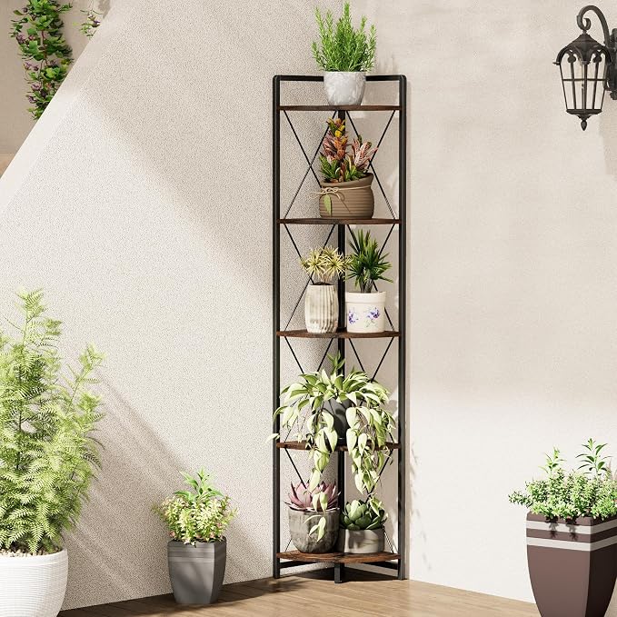 5 Tier Corner Shelf Stand, 64" H Tall Corner Bookshelf, Rustic Brown | Industrial Metal Corner Shelf for Living Room Decor, Plant Stand Display Shelf for Bedroom, Bathroom, Small Spaces