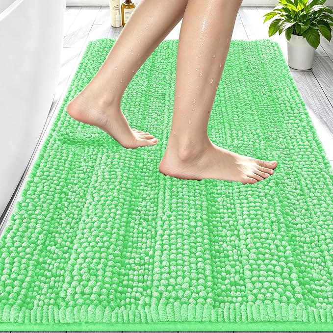 Smiry Thick Small Chenille Bathroom Rugs 24x16, Soft Bath Mat, Mint Green | Quick‑Dry & Machine Washable, Non‑Slip Bath Carpet, Striped Bath Rugs for Tub & Shower, Modern Home Decor Accessories
