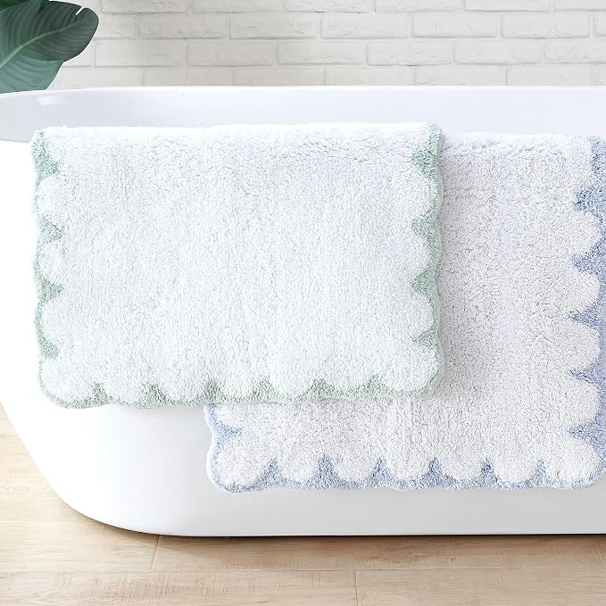 Peri Home Scalloped Bath Rug - Soft & Absorbent 100% Cotton Tufted Bath Mat, 20" x 30", White with Sage Scallop | Soft & Absorbent, Cotton Tufted, Mat, Scallop