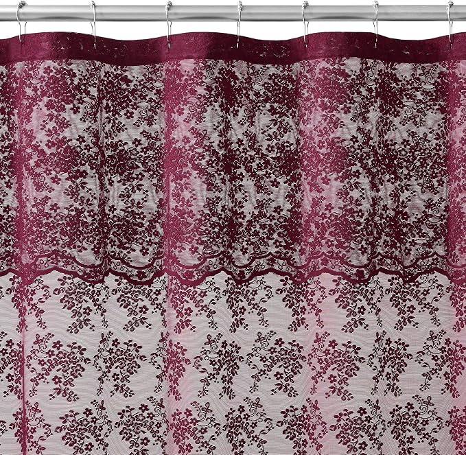 Burgundy Lace Shower Curtain 72x84, 84 Inches Long with Attached Valance | Wine Red Shower Curtain, Magenta Floral Lace Details, Airy Appearance, Vintage Victorian Moody Style forTall Bathrooms
