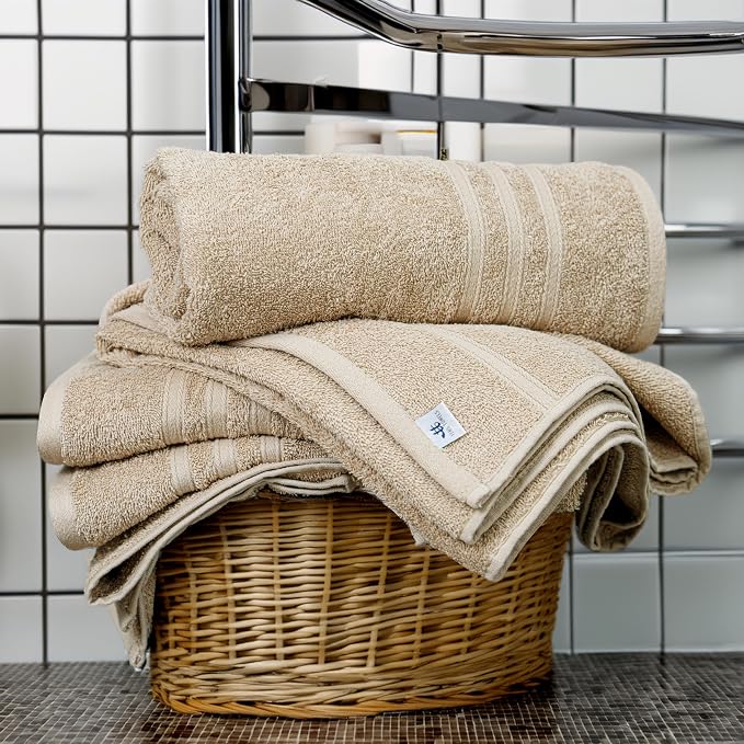 4 Piece Bath Towels 27x54 Inches, Beige | 100% Cotton, Lightweight & Quick-Dry, Ideal for Daily Bathroom Use, Practical & Comfortable