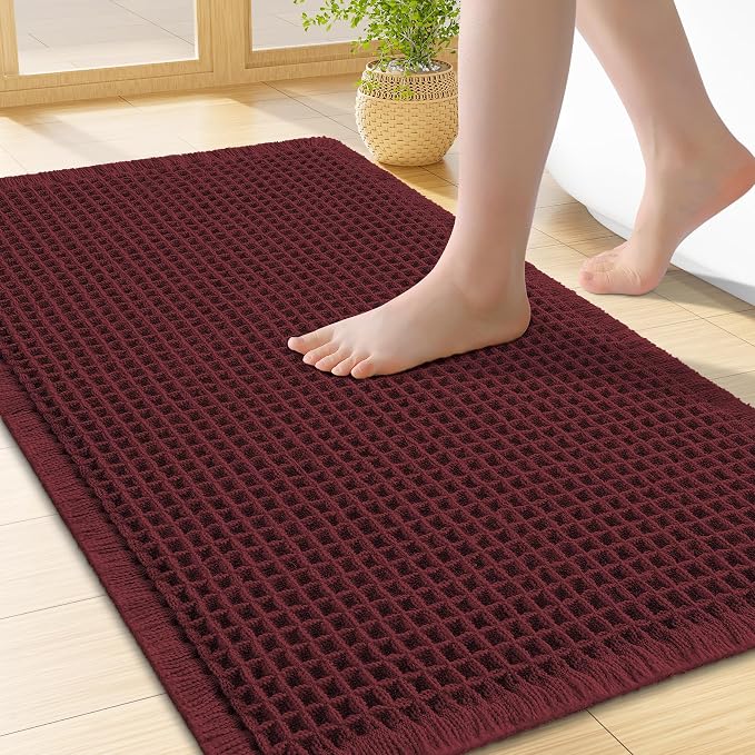 Smiry Waffle Bath Mat 24X16, Extra Soft Absorbent Bathroom Rugs, Burgundy | Non Slip Machine Washable Quick Dry Bath Rugs for Bathroom Floor, Tub, Shower, Home Decor Accessories
