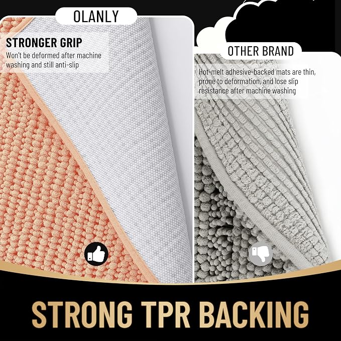 OLANLY Thick Chenille Bathroom Rugs 36x24, Soft Absorbent Bath Mat, Peach | Bath Rugs, Rubber Backing, Machine Wash Dry, Bath Mats for Bathroom Floor, Tub and Shower, Home Decor Accessories