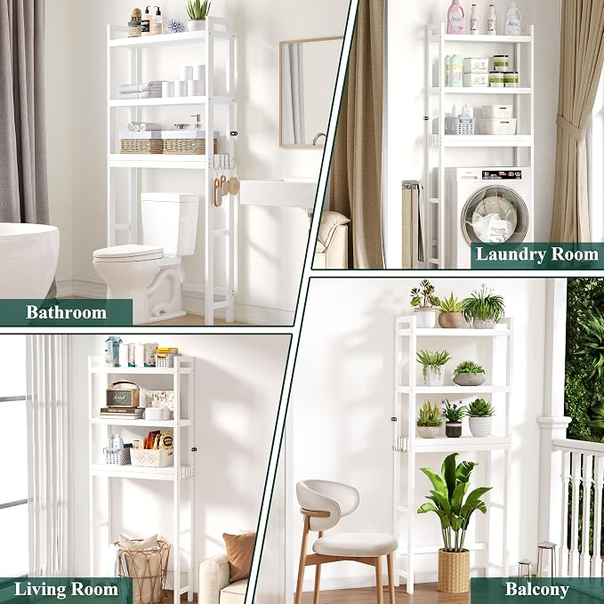 Smiry Bamboo Over The Toilet Storage Cabinet, 3 Tier, White | Wooden Bathroom Organizers with Adjustable Shelf & 4 Hooks, Space Saving Shelf Rack for Bathrooms, Laundry Room, Balcony