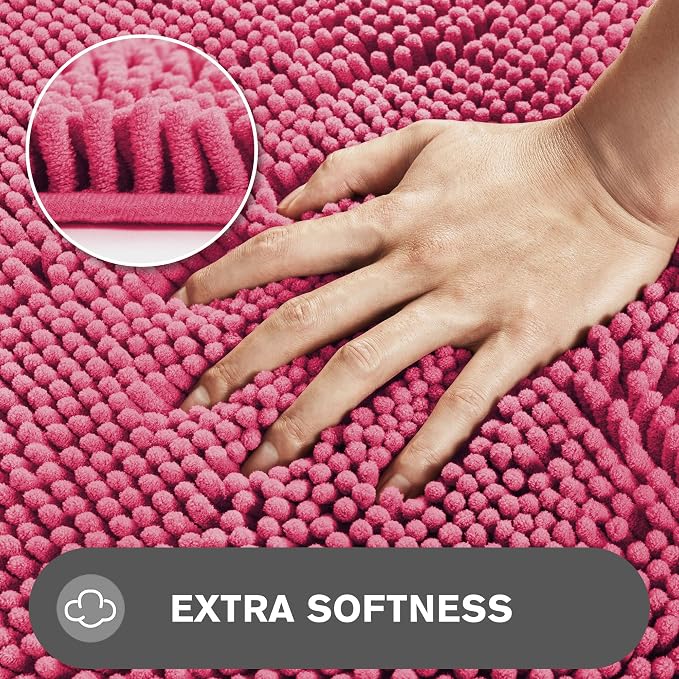 Hot Pink Bathroom Rugs – Absorbent and Washable Bath Mat, Non-Slip, Thick Soft Chenille Bath Rugs for Bathroom Floor, Shower, Sink - 17" x 24"