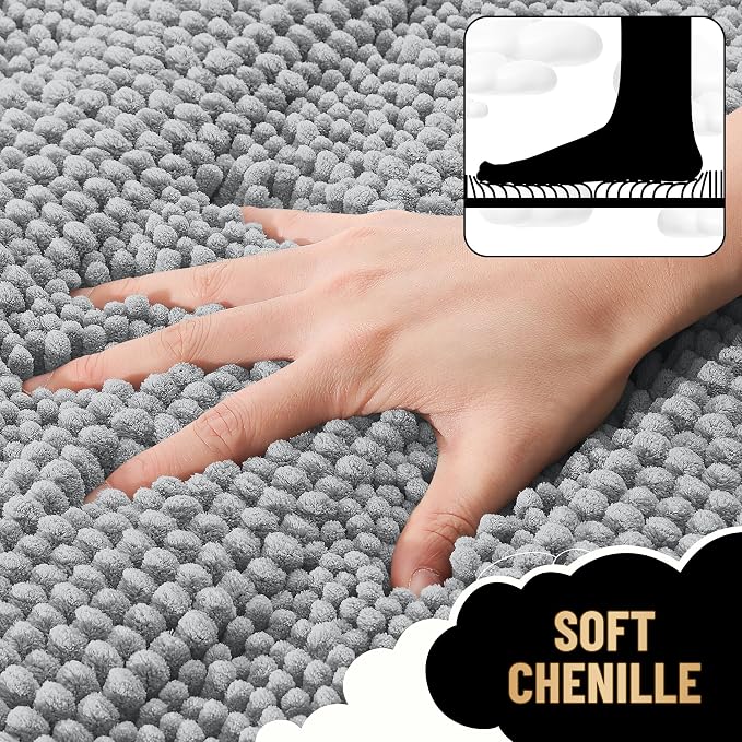 OLANLY Thick Bathroom Runner Rugs 44x24, Chenille Bath Rugs, Light Grey | Absorbent Striped, Rubber Backing, Machine Wash, Long Bath Mats for Bathroom Floor, Tub and Shower, Home Decor Accessories
