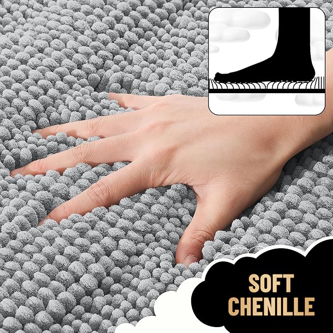 OLANLY Thick Toilet Rugs U-Shaped 24x20, Soft Chenille Bath Mat, Light Grey | Extra Absorbent Striped Contour Bathroom Rugs for Toilet, Dry Quickly, Machine Washable, Non-Slip
