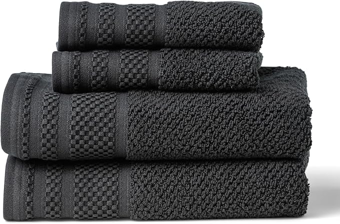 Texere 100% Organic Cotton Rice Weave Jacquard 700 GSM Luxury Bath Towel Sets - Ultra Soft and Absorbent Hotel and Spa Quality (Rice Weave, Black, 2 Hand & 2 Wash Towels)