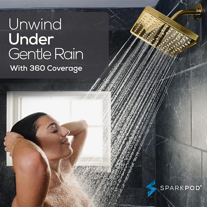 SparkPod Rain Shower Head, 8 Inch Square, Egyptian Gold Finish | High Pressure Shower Heads, 90 Nozzles, Adjustable Showerhead, No Tools Needed, Universal Connection