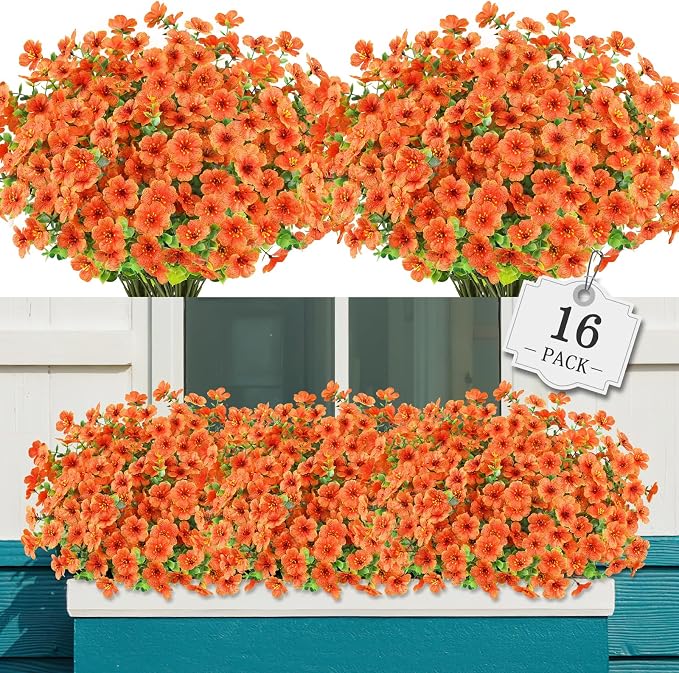 AGIRL Artificial Fall Flowers Fake Mums Outdoor,Faux Plant Porch Decor Home | 16 Bundles,No Fade Autumn Plastic Flowers for Thanksgiving Decoration,Hanging Planters Outside Pottery Barn Garden Patio