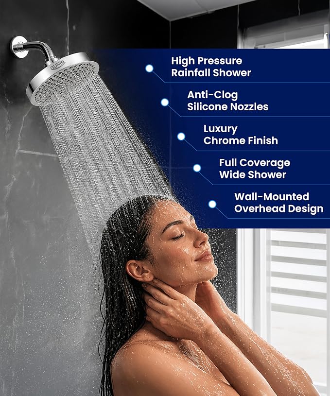 Shower Head - Premium Polished Chrome Finish - Rain Showerhead 6 Inch | High Pressure Shower Heads with Adjustable Angles, 90 Anti-Clog Nozzles, Tool-Free 1-Min Install