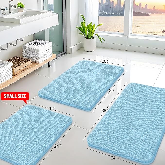 Arotive Bathroom Rugs 30x20, Soft Absorbent Shaggy Chenille Bath Rugs | Sky Blue, Machine Washable Rubber Backing Bath Mats for Bathroom Floor Tub and Shower Home Decor Accessories