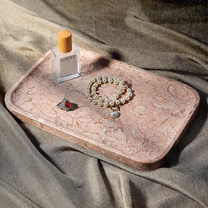 Marble Tray, 12"x8" Natural Marble Vanity Tray for Countertop Bathroom Kitchen Dresser, Decorative Catchall Trays for Perfume Jewelry, Rectangular Stone Serving Tray(Pink)