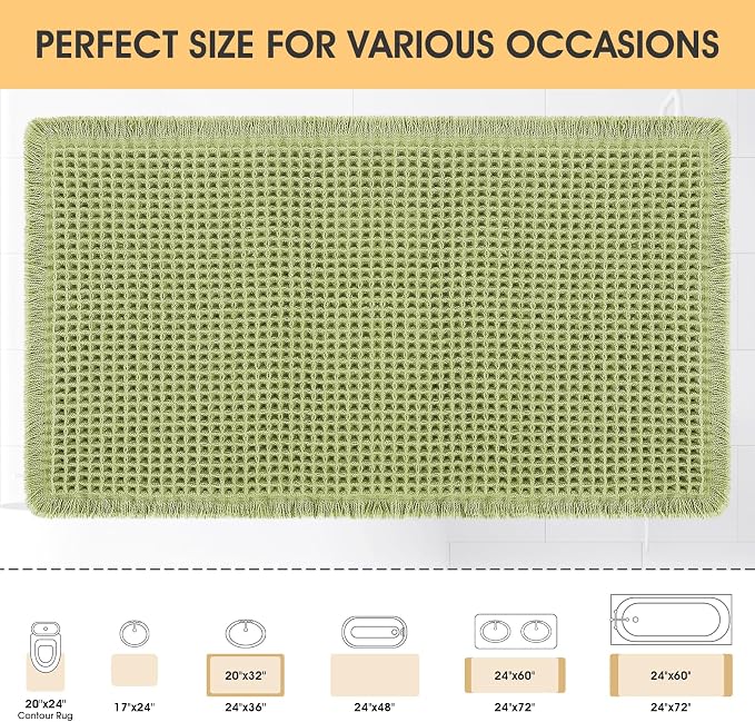 Waffle Bath Mat Sage Green 36"x24", Boho Woven Modern Bath Mat Rugs, Absorbent Non Slip Bathroom Rugs, Soft Washable Bath Rugs with Tassels for Bathroom, Bedroom, Kitchen, Shower, Tub