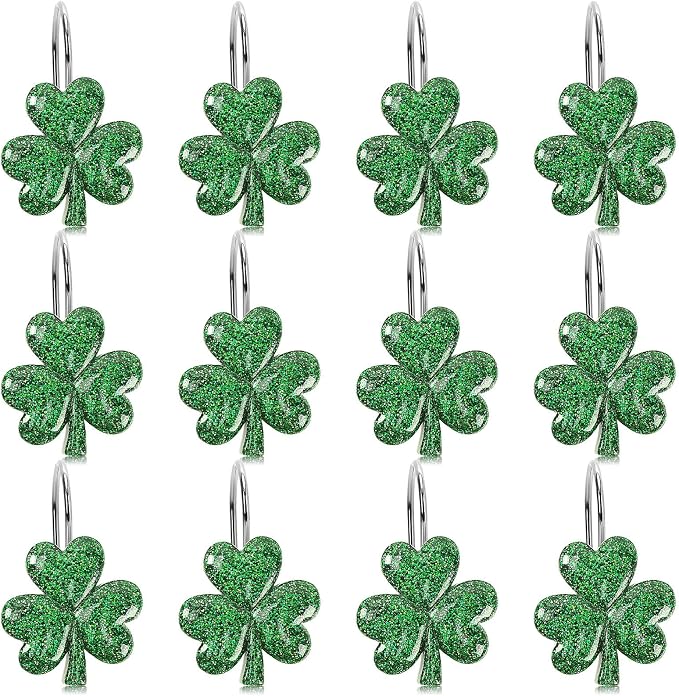 12Pcs St. Patrick's Day Glitter Shamrock Shower Curtain Hooks | Glitter Shamrock Design, Durable Resin Metal, Easy Installation, Versatile Use, and 12Pcs Set Perfect for Holiday Decor
