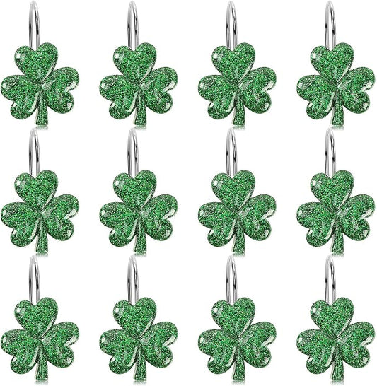 12Pcs St. Patrick's Day Glitter Shamrock Shower Curtain Hooks | Glitter Shamrock Design, Durable Resin Metal, Easy Installation, Versatile Use, and 12Pcs Set Perfect for Holiday Decor
