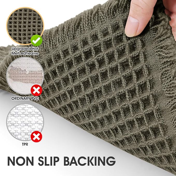 Waffle Bath Mat Set 3 Piece Olive Green,Woven Modern Bath Rug Mats, Absorbent Non Slip Bath Floor Mat, Soft Washable Boho Bath Rugs with Tassels for Bathroom, Bedroom, Kitchen,Tub