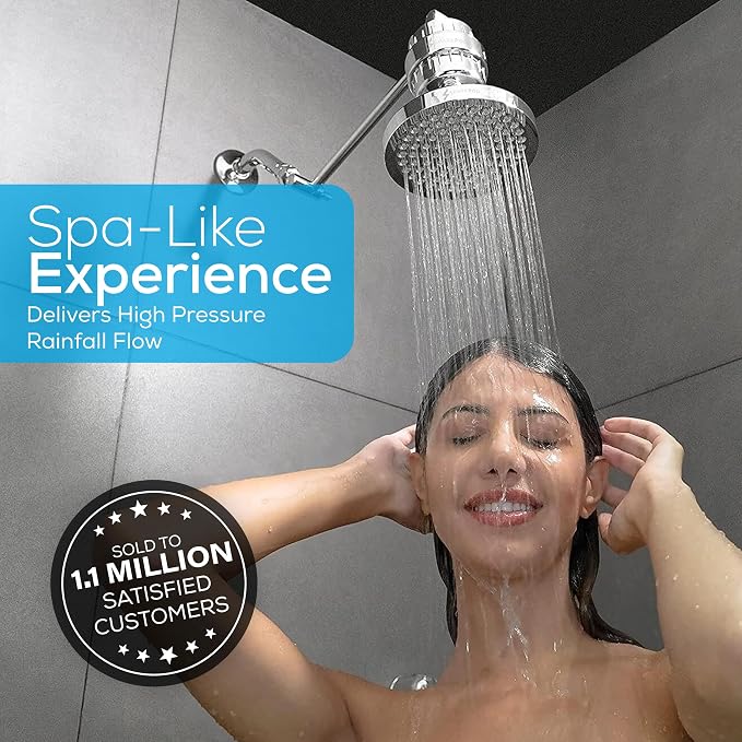 SparkPod Rain Shower Head, 6 Inch Round, Luxury Polished Chrome Finish | High Pressure Shower Heads, 90 Nozzles, Adjustable Showerhead, No Tools Needed, Universal Connection