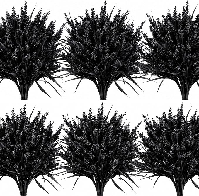 Geegoods 24 Bundles Artificial Black Flowers Outdoor, UV Resistant | Faux Lavender Plants with Monkey Grass for Halloween Porch Window Box Patio Hanging Planter Garden Decor