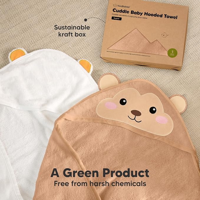 KeaBabies Hooded Baby Towel for Newborn, Baby Bath Towels (Monkey, 35x35) | Viscose Derived from Bamboo, Large Baby Towels with Hood, Boys, Girls, Toddler, Soft Absorbent Baby Bath Essentials