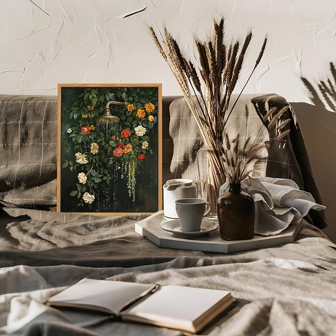 Floating Framed Floral Shower Wall Art, Vintage Botanical Flower Canvas Print, Romantic Garden Roses and Waterfall Painting, Nature Inspired Bathroom Wall Decor for Home Living Room 8x10 inch
