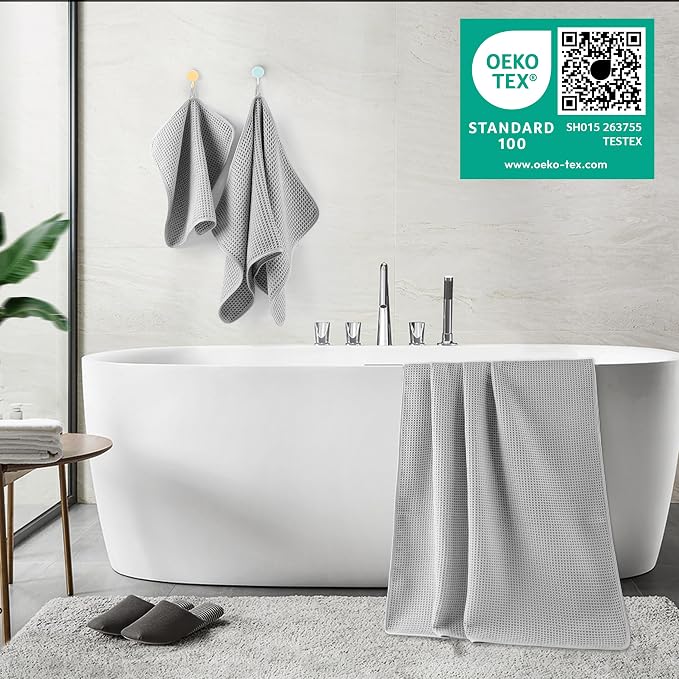 POLYTE 430 GSM Poly Blend Microfiber Quick Dry Waffle Bath Towel Set of 6 | 2-Body Towels, 2-Hand Towels, 2-Wash cloths, Oversize, Lint Free