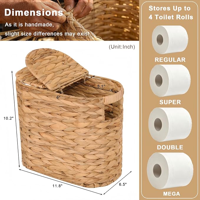 Wicker Toilet Paper Storage Basket with Lid for 4 Rolls,Natural | Wicker Storage Basket with Built-in Handles,Natural Water Hyacinth Hand-Woven Basket for Bathroom Organizers and Storage