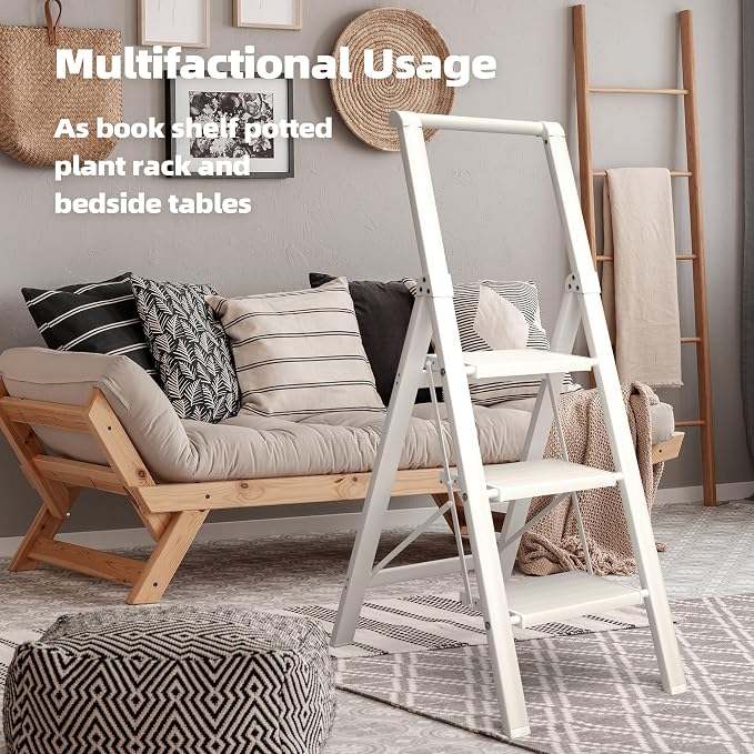 HillhutApex Aluminum 3 Step Ladder, Step Stool Foldable Ladder(White) | Anti-Slip Pedals,330lbs Capacity,Lightweight Folding Ladders for Home,Office,Libaray