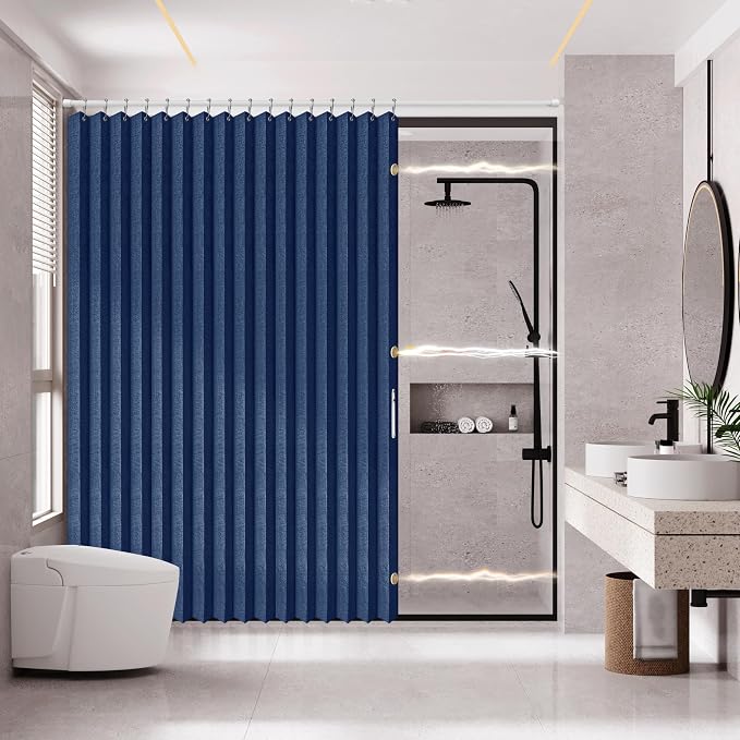 AJAZZ Magnetic Folding Shower Curtains Fabric Polyester Material Waterproof Shower Curtain Suitable for Family Hotel Homestay (Dark Blue,77" W x 78" L) 1 Panel