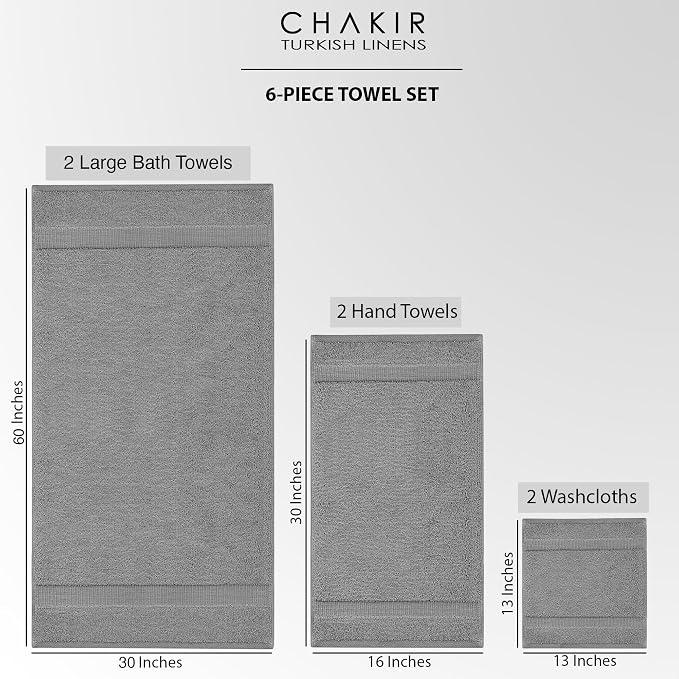 Chakir Turkish Linens 6 Piece Towel Set, 100% Cotton Turkish Towels for Bathroom, Luxury Soft Absorbent Bath Towel Set with 2 Bath Towels 2 Hand Towels 2 Washcloths, Gray