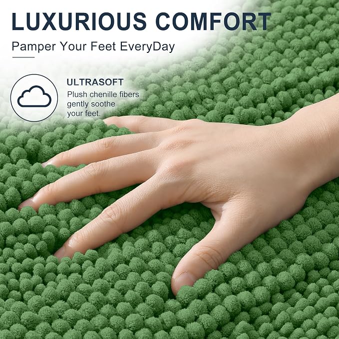 Smiry Thick Chenille Bathroom Rugs 36x24, Absorbent Bath Mat, Olive Green | Quick‑Dry & Machine Washable, Non‑Slip Bath Carpet, Soft Striped Bath Rugs for Tub & Shower, Modern Home Decor Accessories