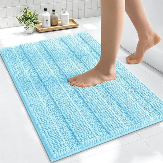Smiry Thick Small Chenille Bathroom Rugs 24x16, Soft Bath Mat, Sky Blue | Quick‑Dry & Machine Washable, Non‑Slip Bath Carpet, Striped Bath Rugs for Tub & Shower, Modern Home Decor Accessories