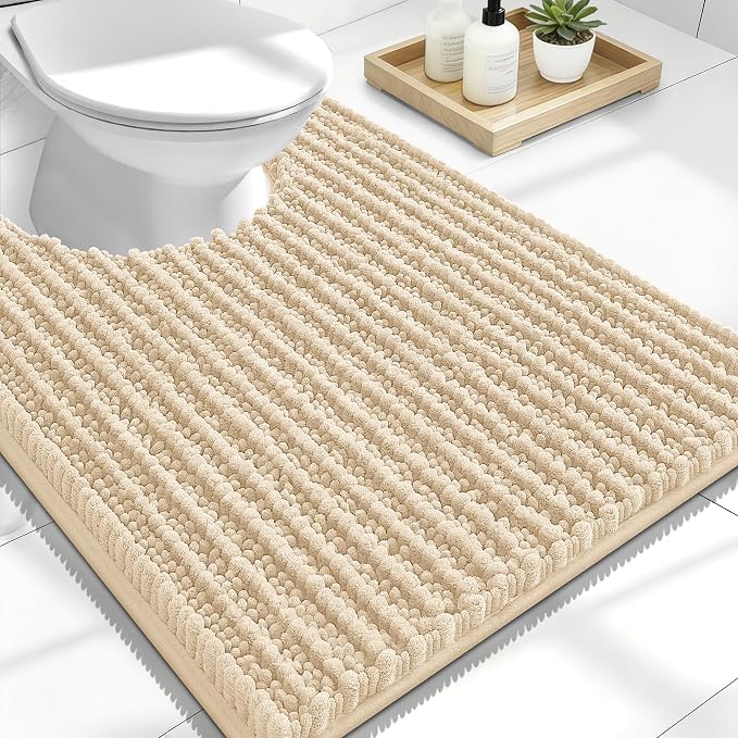OLANLY U-Shaped Toilet Rug 24x20, Thick Soft Absorbent Chenille Contour Rug | Beige, Shaggy Bathroom Mat with Non-Slip Rubber Backing, Quick-Drying, Machine Washable for Toilet, Home Decor Accessories
