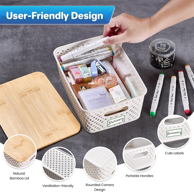 Anysig 8 Pack Plastic Storage Bins with Bamboo Lids, 5.2 QT Stackable Bins | Decorative Small Storage Basket Containers for Organizing Shelves Office Classroom Desktop Closet, Cream White
