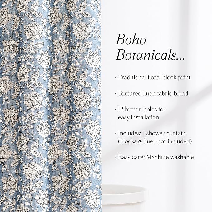 Lush Decor Zara Floral Block Linen Textured Shower Curtain Single 72" W x 72" L Blue - Floral Bath Curtain - Vintage Decor