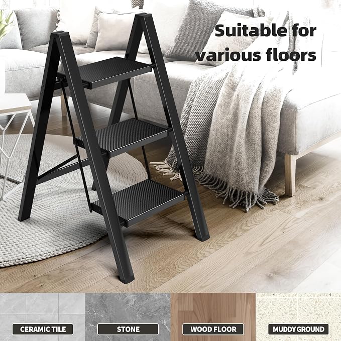 HillhutApex Aluminum Step Stool Foldable,3 Step Ladder (Black) | Lightweight Portable step ladder with Anti-Slip Wide Pedal,330lbs Capacity Ladder for Household,Office,Kitchen