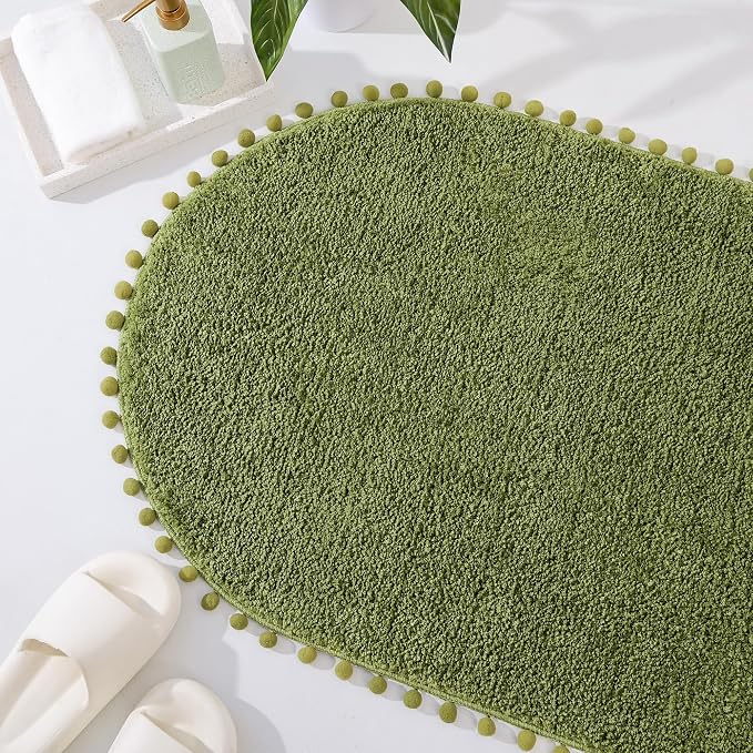 YIRDDEO Oval Rug for Bathroom, Cute Boho Bath Mat with Pom, Olive Green | Soft Plush, Absorbent, Quick Dry, Machine Washable, Non Slip Bath Mat for Bathroom Shower Floor Home Decor