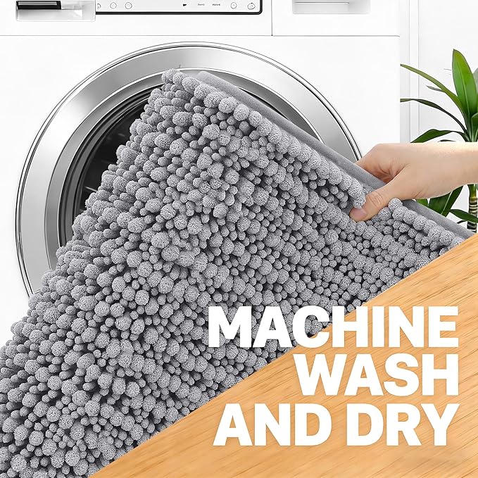 OLANLY U-Shaped Toilet Rug 24x20, Thick Soft Absorbent Chenille Contour Rug | Grey, Shaggy Bathroom Mat with Non-Slip Rubber Backing, Quick-Drying, Machine Washable for Toilet, Home Decor Accessories