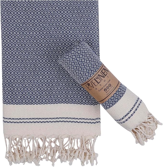 Evelynen Turkish Hand Towels for Bathroom & Kitchen Towels Decorative Set of 2 | Boho Farmhouse Hand Towels with Hanging Loops for Face, Tea, Dish, Kitchen & Bath | (16" x 32" - Navy Blue)