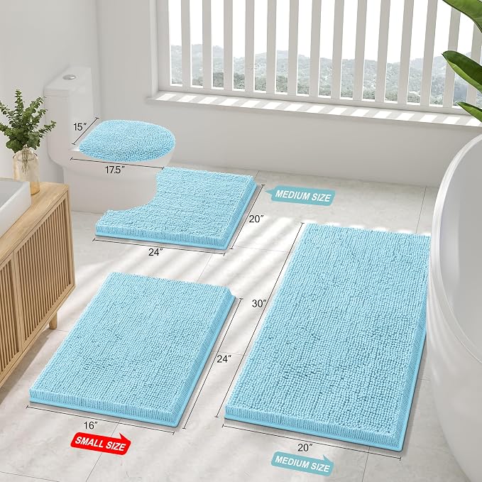Smiry Luxury Chenille Toilet Rugs U-Shaped 20x20, Soft Absorbent Non-Slip Contour Bathroom Rugs for Toilet, Machine Washable Contoured Bath Mats, Sky Blue
