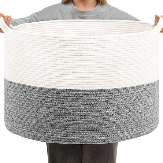Foldable Laundry Hamper Basket with Collapsible Handle Cotton Rope Soft Woven Fabric Storage Organizer Clothes Toys Nursery Bedroom Dorm Space Saving Bin (White & Light Grey, 80L(21.7"D x 13.8"H))