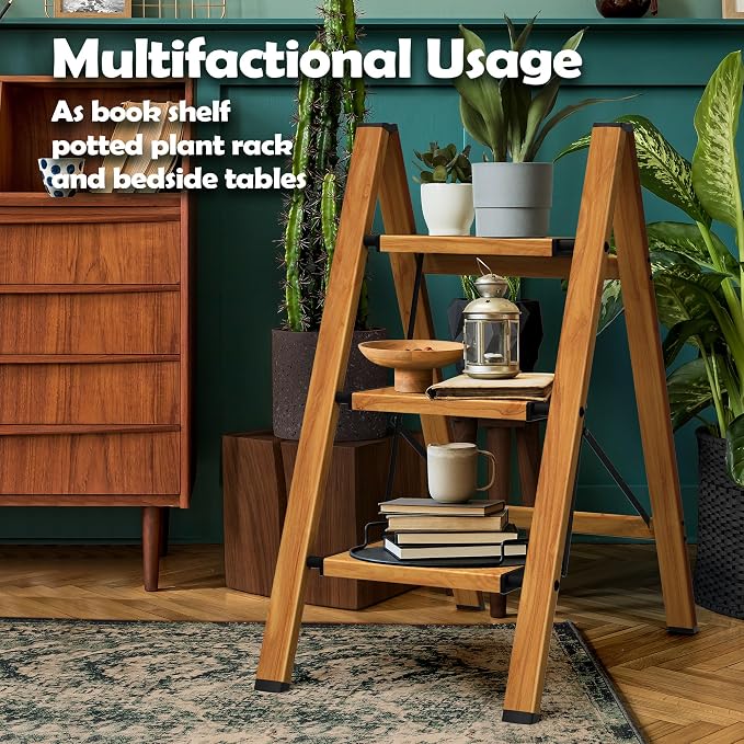 Taranta 3 Step Stool Foldable,Aluminum Step Ladder-Woodgrain | Lightweight,Wide Anti-Slip Pedals,Folding Step Stool,330lbs Capacity Stepladder for Household,Kitchen,Office
