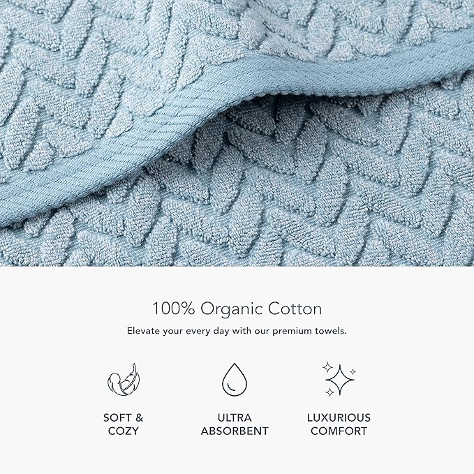 Texere 100% Organic Cotton Jacquard 650 GSM Premium Bath Towel Sets - Extra Absorbent Quick Dry and Plush, 2 Large Bath Towels, 2 Hand Towels, 2 Washcloths (Cable, Smoke Blue, 6 Piece)