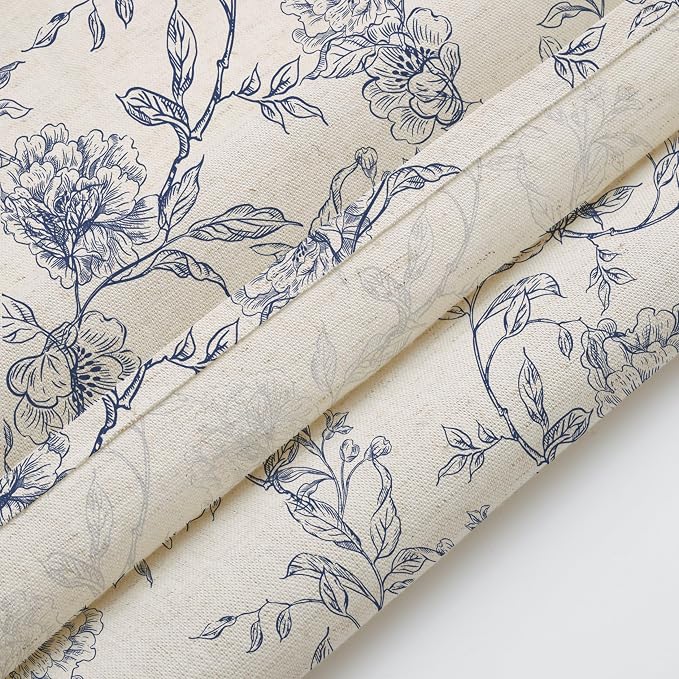 MUGINYU Blue Floral Toile Shower Curtain with Ruffle Trim - Vintage French Country Bathroom Decor with Linen Texture, Cottagecore Aesthetic Pattern, 72x72 Inches