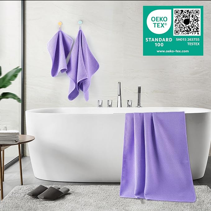 POLYTE 430 GSM Poly Blend Microfiber Quick Dry Waffle Bath Towel Set of 6 | 2-Body Towels, 2-Hand Towels, 2-Wash cloths, Oversize, Lint Free