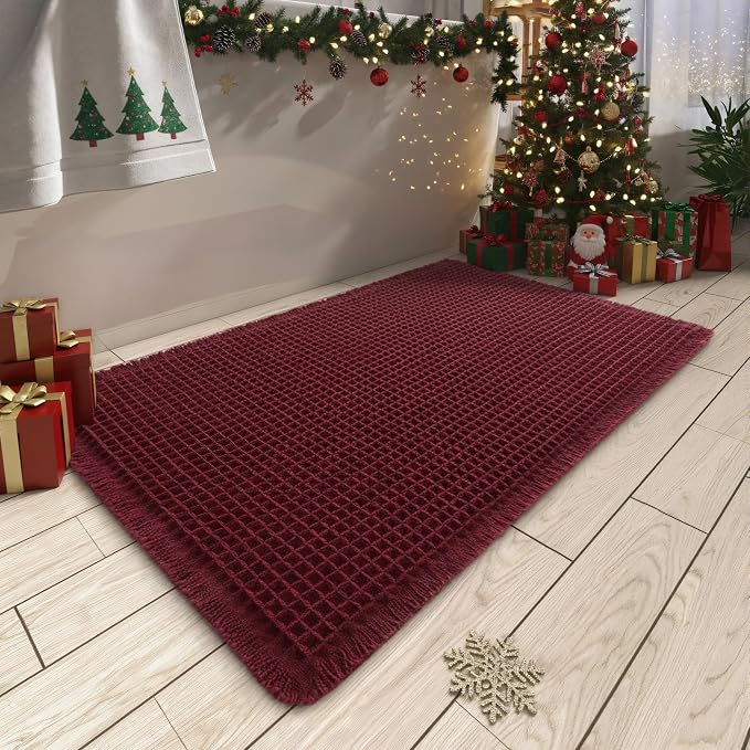 AMOAMI Upgraded Waffle Bath Mat, Super Absorbent Non Slip Bath Mats for Bathroom Floor, Washable Bathroom Rugs with Tassels, Rubber Backed Bathroom Mats, Ultra Soft, 20" x 32", Burgundy