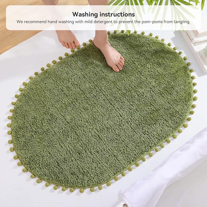 YIRDDEO Oval Rug for Bathroom, Cute Boho Bath Mat with Pom, Olive Green | Soft Plush, Absorbent, Quick Dry, Machine Washable, Non Slip Bath Mat for Bathroom Shower Floor Home Decor