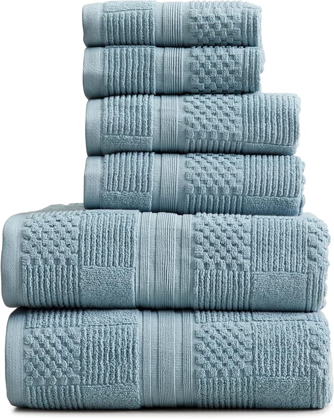 100% Cotton Bath Towel Set | 6-Piece Set | Textured | Blue | Luxury Geometric Design | Absorbent & Quick-Dry Bathroom Towels | Textured and Durable Cotton Towels for Bathroom | OEKO-TEX